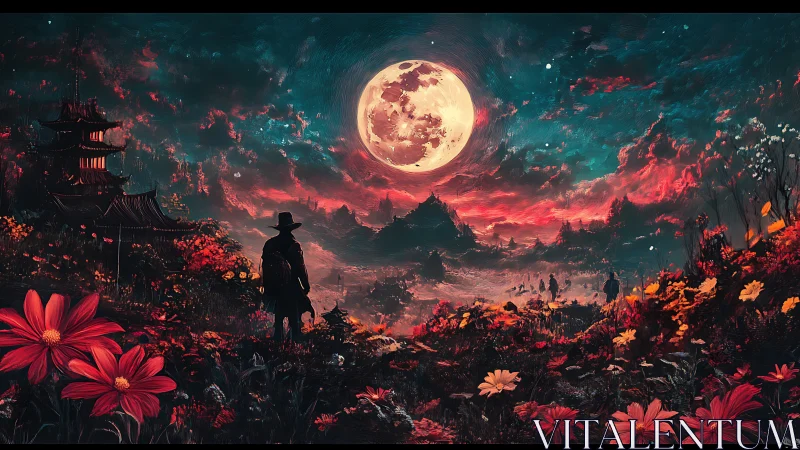 Silhouetted figure in floral landscape under large full moon.