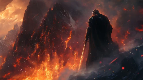 Armored warrior overlooks erupting lava mountain in cinematic backlight
