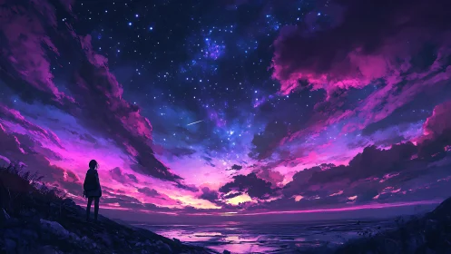 Stargazing under dreamy violet clouds at a quiet shore.
