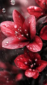 Crimson petals embrace rainfall in delicate crimson ballet.