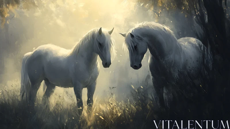 Twin white horses glow in a misty, enchanted forest clearing.