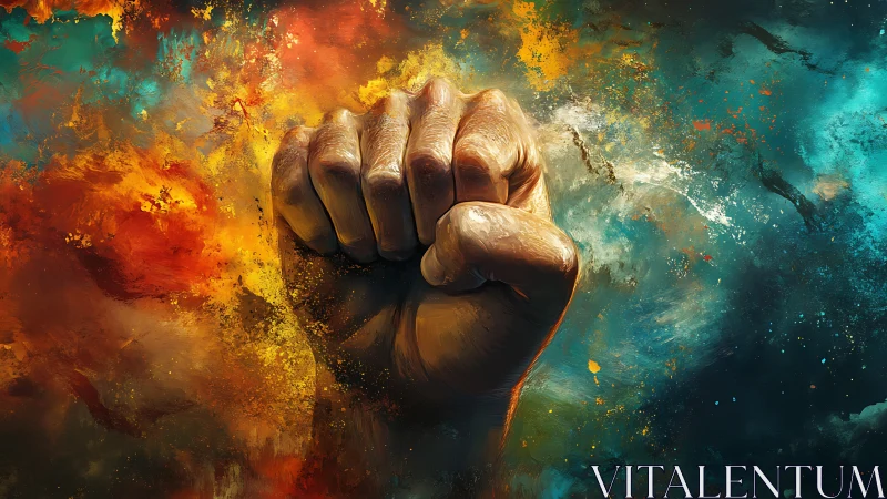 Raised fist erupts through vivid abstract color storm