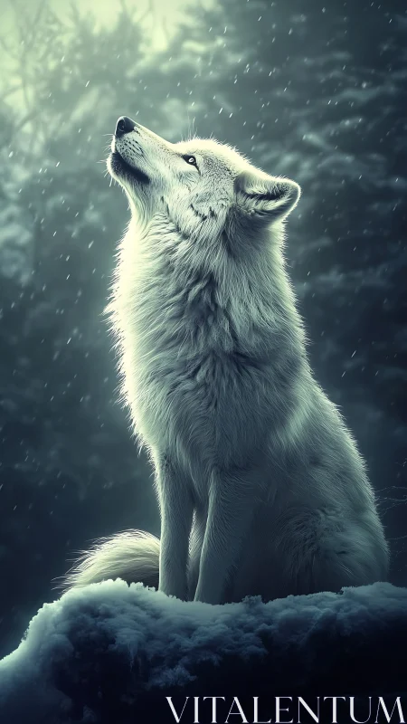 Snowlit wolf listening to the quiet winter sky.