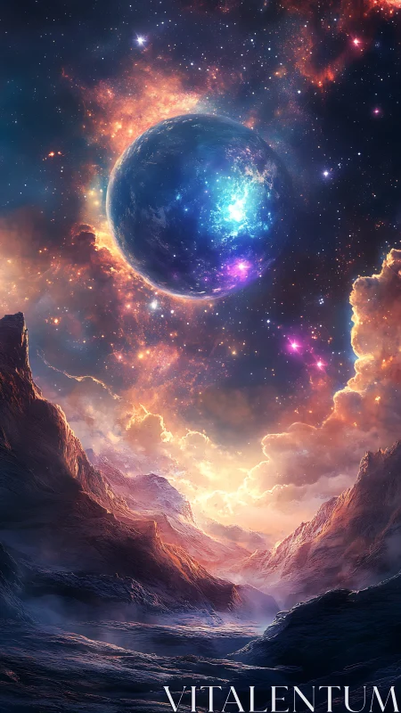 Glowing cosmic planet rising above a misty alien valley.