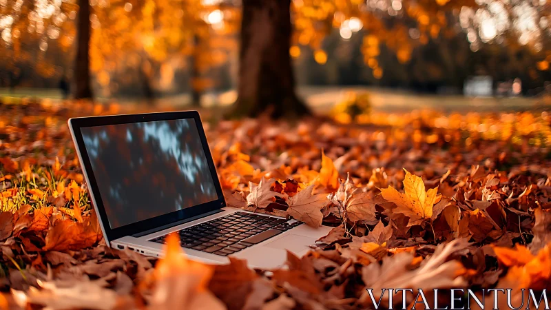 Laptop rests in vivid autumn leaves under golden park light.