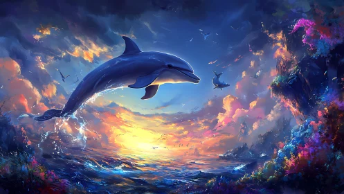 Dolphin daybreak leap across a painted neon ocean sky.