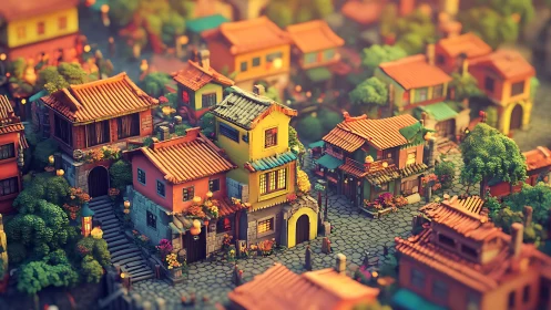 Colorful 3D village square with tiled rooftops at sunset.