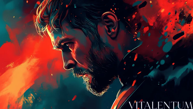 Storm-lit portrait of a pensive man in swirling color chaos.