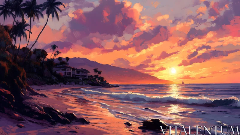 Sunset illuminates tropical coastline with palm trees and surf