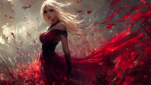 Blonde warrior woman in red flowing gown amid crimson storm