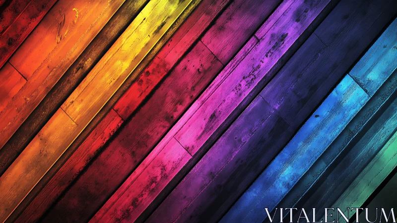 Diagonal rainbow planks form a bold abstract spectrum wall.