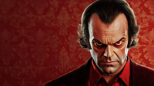 Intense stare against bold red wallpaper backdrop.