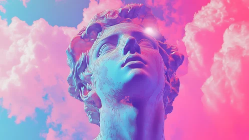 Classical statue head under neon pink and blue sky backdrop.