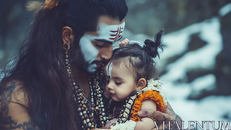 Devoted father with sacred markings holding peaceful child.