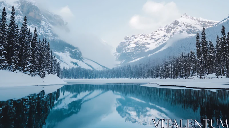 Snow-covered conifer forest surrounds a reflective mountain lake