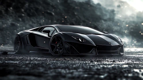 Stealth black supercar rests on wet asphalt in moody rainstorm.