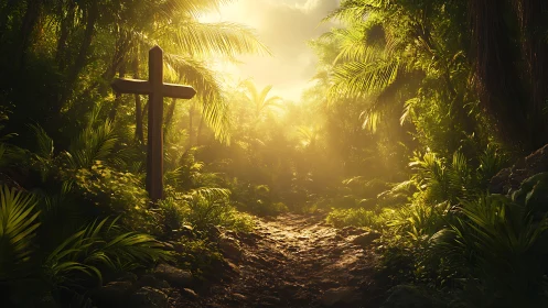 Wooden cross stands beside rocky jungle path at sunrise