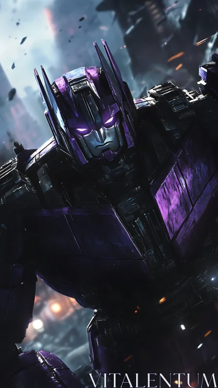 Armored cybernetic mech advances through neon-lit warzone