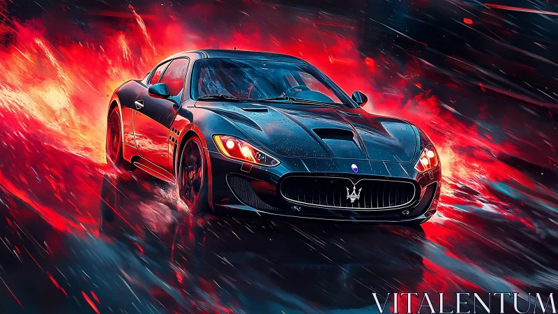 Midnight supercar slices through neon firestorm at speed