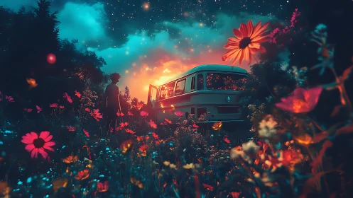 Nocturnal camper van in luminescent wildflower meadow dreamscape