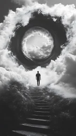 Solitary figure ascending stairway into circling cloud portal.