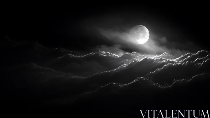 Full moon illuminates layered cloud waves in monochrome night