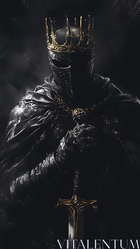 Dark armored king stands solemnly with a golden crowned helm.