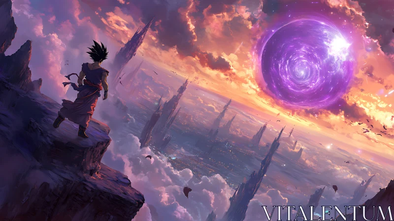 Warrior overlooks floating city beneath glowing purple portal