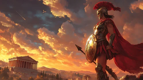 Heroic Greek warrior overlooks Acropolis at dramatic sunset