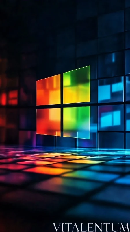 Glowing rainbow window floating in a luminous digital room.