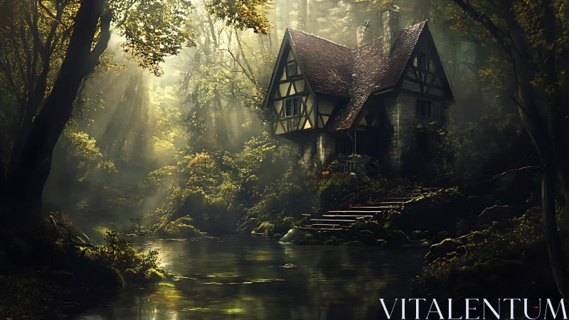 Cottage in Enchanted Forest with Misty River and Ancient Trees.
