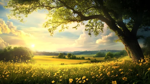 Sunlit wildflower meadow under sprawling oak tree.