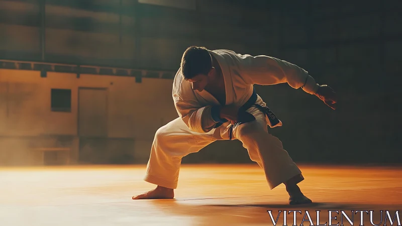 Martial artist holds focused low stance on sunlit dojo floor.