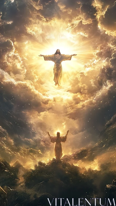 Celestial ascension figure framed by radiant golden clouds.