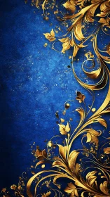 Ornate gold floral filigree over deep sapphire backdrop.