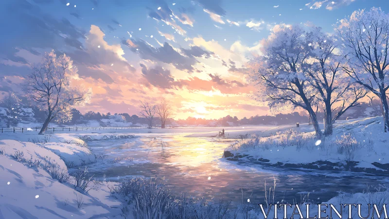 Snowlit river hush under sherbet sunrise skies.