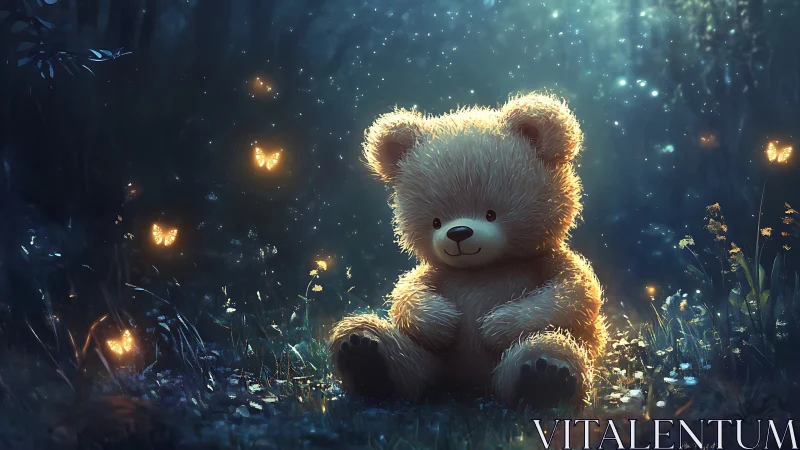 Luminous teddy bear rendered with volumetric forest lighting and bokeh