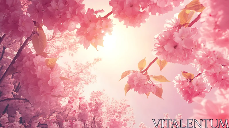 Backlit cherry blossoms encircle a luminous spring sun