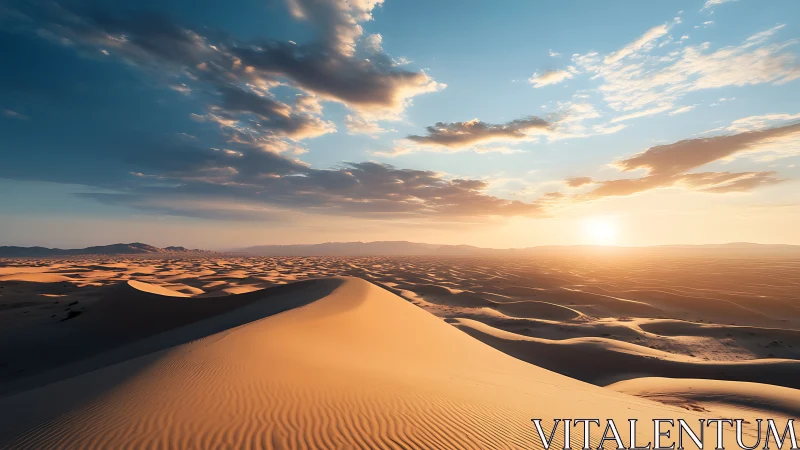 Low-angle sunlight sculpts rippled desert dunes under stratified clouds