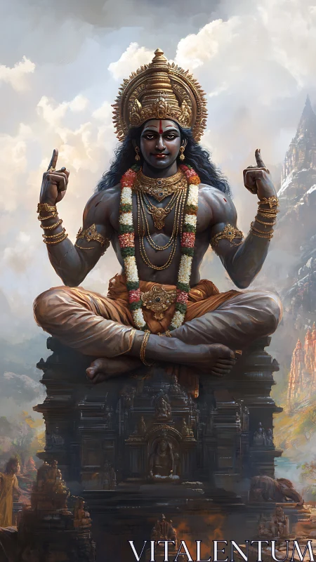 Divine Hindu deity seated above monumental temple shrine.