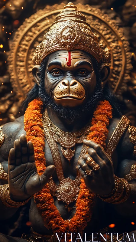 Photorealistic Hanuman deity portrait with ornate gilded regalia.