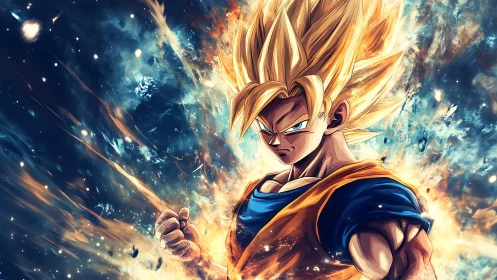 Blond anime warrior charging power in cosmic energy field.