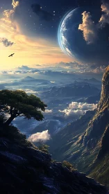 Planet-rise above luminous mountain valley under clouds.