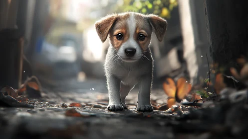 Puppy stands on sunlit path with shallow depth focus.