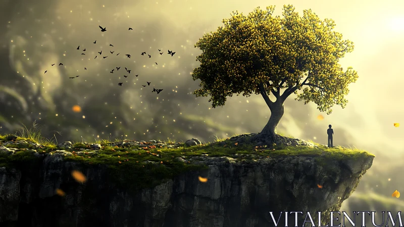 Solitary figure beneath glowing tree on floating cliff