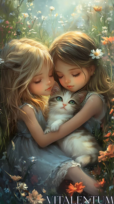 Two Figures with Feline Subject in Floral Setting.