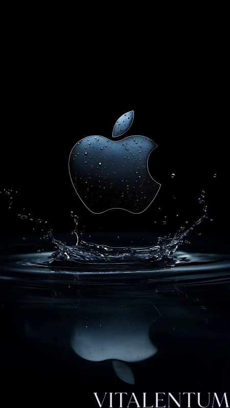 Glossy metallic apple logo hovers above dark rippling water
