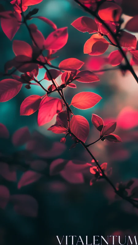 Cyan-bokeh botanical study with crimson foliage contrast.