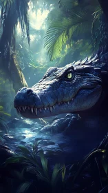 Giant crocodile lurks in misty jungle river clearing