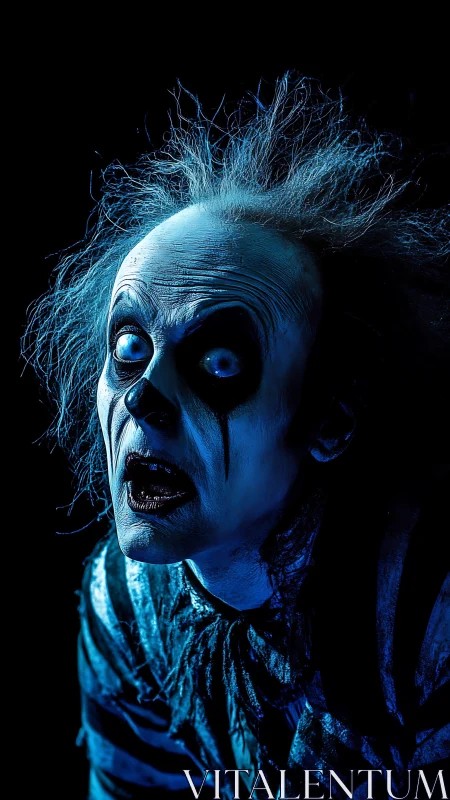 Ghostly trickster leans from the dark with wild blue stare.